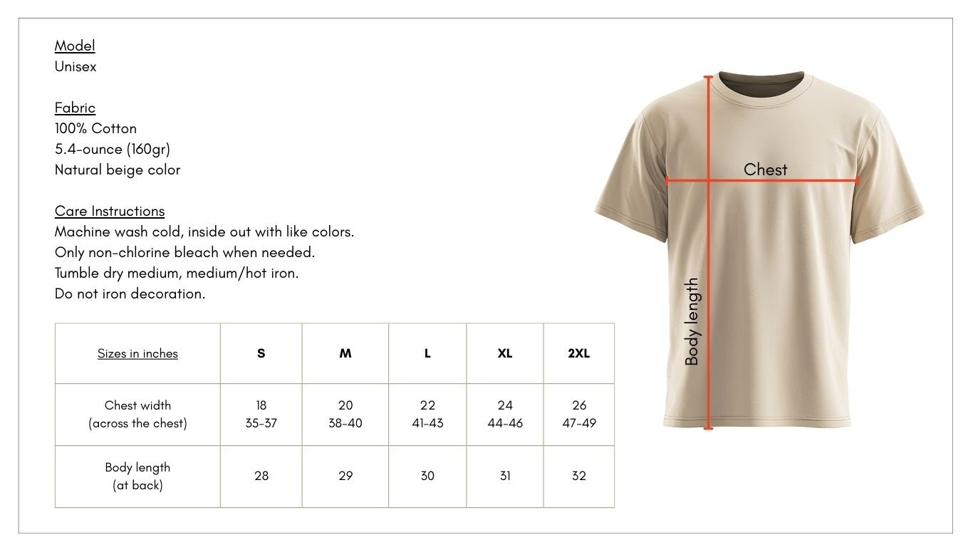 T-shirt sizing and care instructions